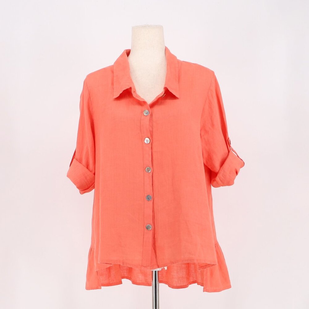 MATCH POINT 100% Linen Roll Tab Sleeve Button Front Tunic Shirt Orange Size S